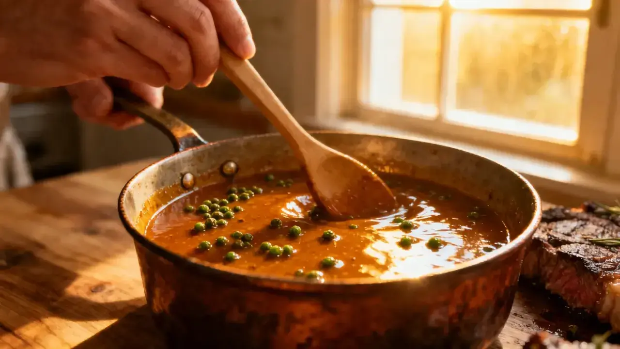 Une main remue une sauce au poivre verte dans une poêle en cuivre, à côté d'un steak grillé.