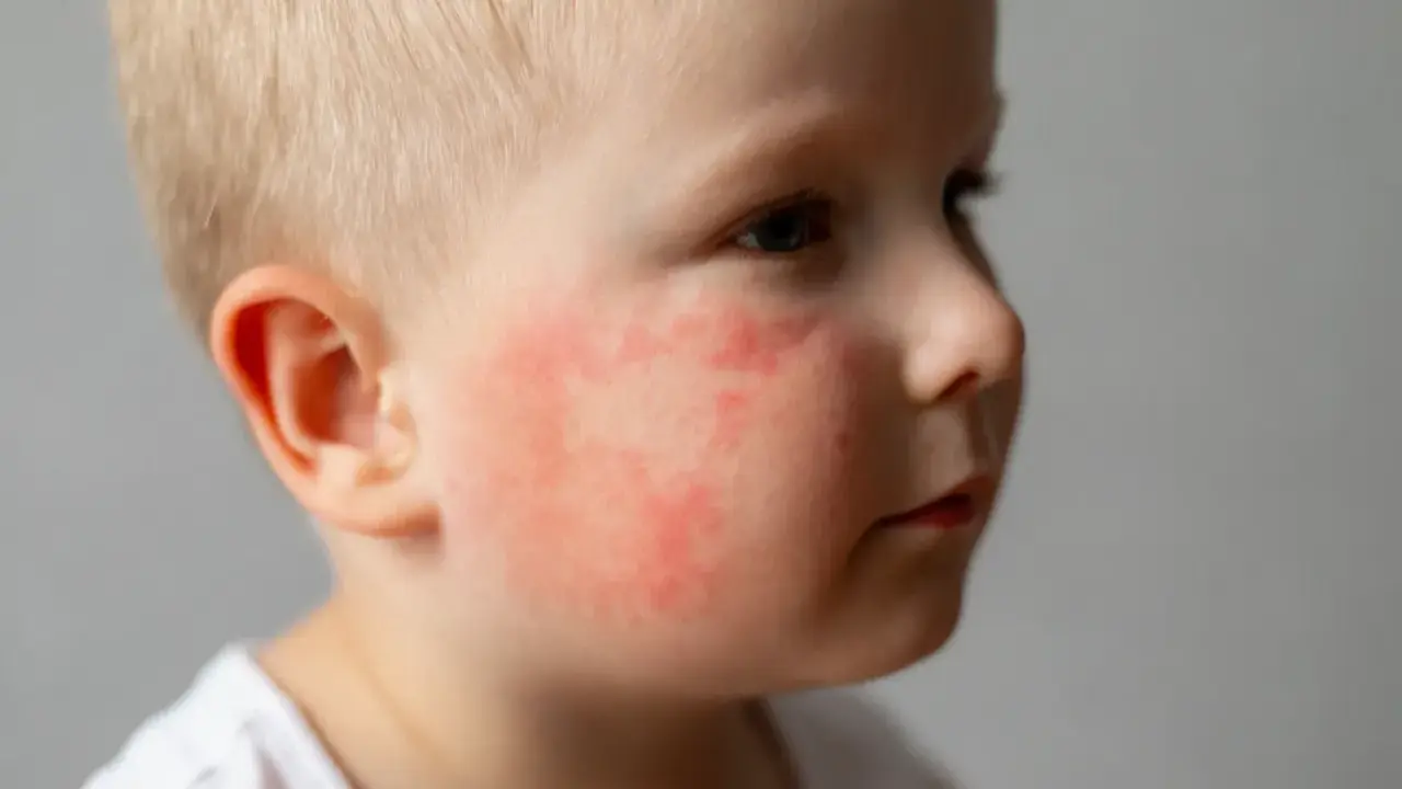 Visage d'un bébé aux joues rouges et irritées, signe de dermatite atopique.