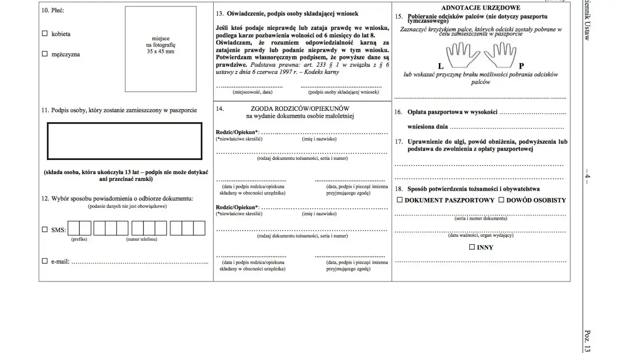 Formularz wniosku o paszport dla dziecka, z polami do wypełnienia danych osobowych, zgody rodziców i informacji urzędowych.