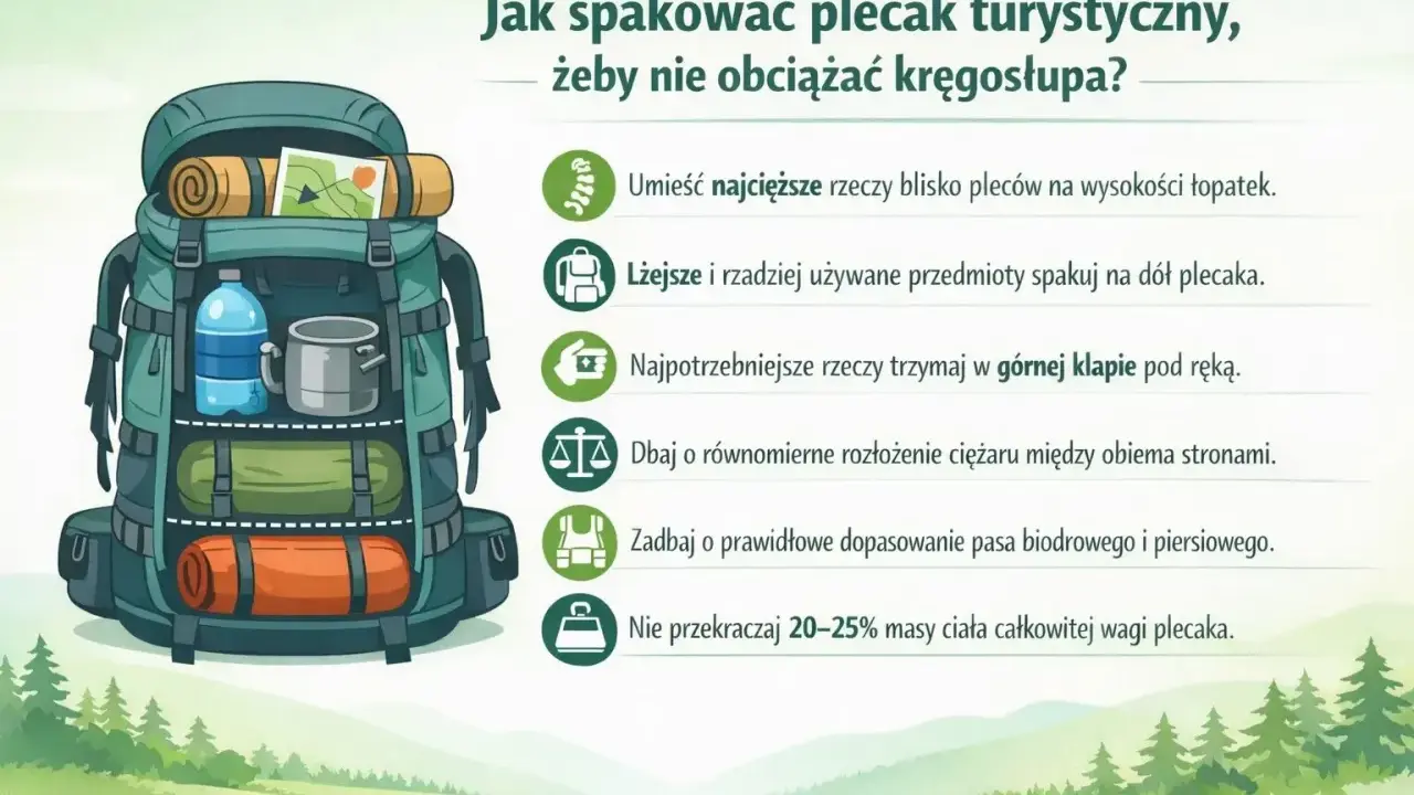 Ilustracja pokazuje, jak prawidłowo pakować plecak turystyczny. Ciężkie przedmioty umieść blisko pleców, lżejsze na dole. Najpotrzebniejsze rzeczy miej pod ręką.