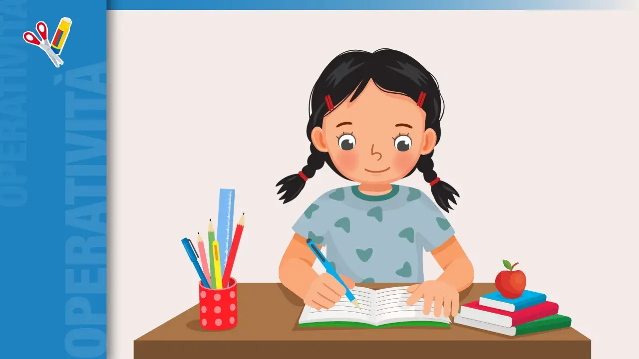 Bambina scrive appunti per riassunti scuola primaria classe quinta. Sul tavolo, libri, matite e righello.