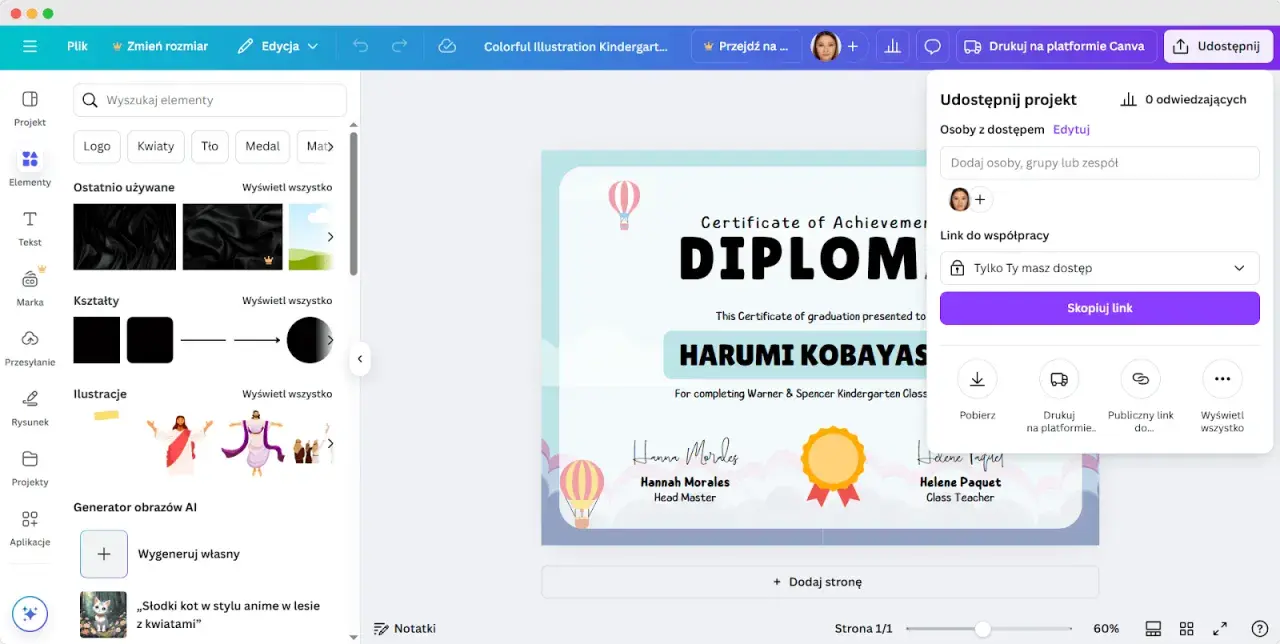 Program do tworzenia dyplomów w Canva. Projekt dyplomu z imieniem Harumi Kobayas.