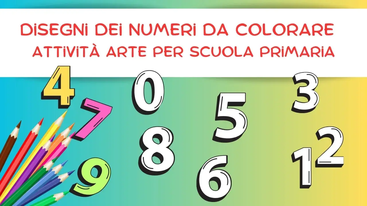 Attività per trasformare i numeri in disegni da colorare: matite colorate e numeri 0-9, 3, 12 su sfondo sfumato.