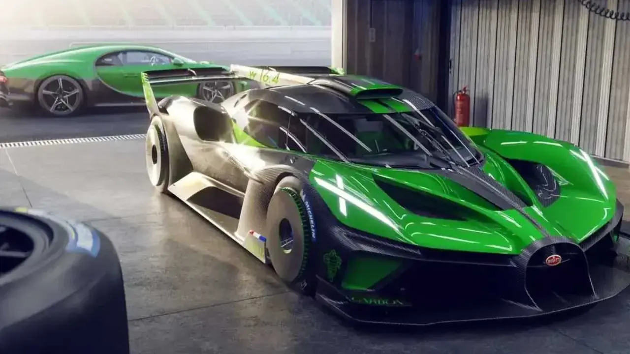 Grüner Bugatti Bolide im Rennstall. Sein geringes Bugatti Bolide Gewicht macht ihn zum ultimativen Track-Tool.