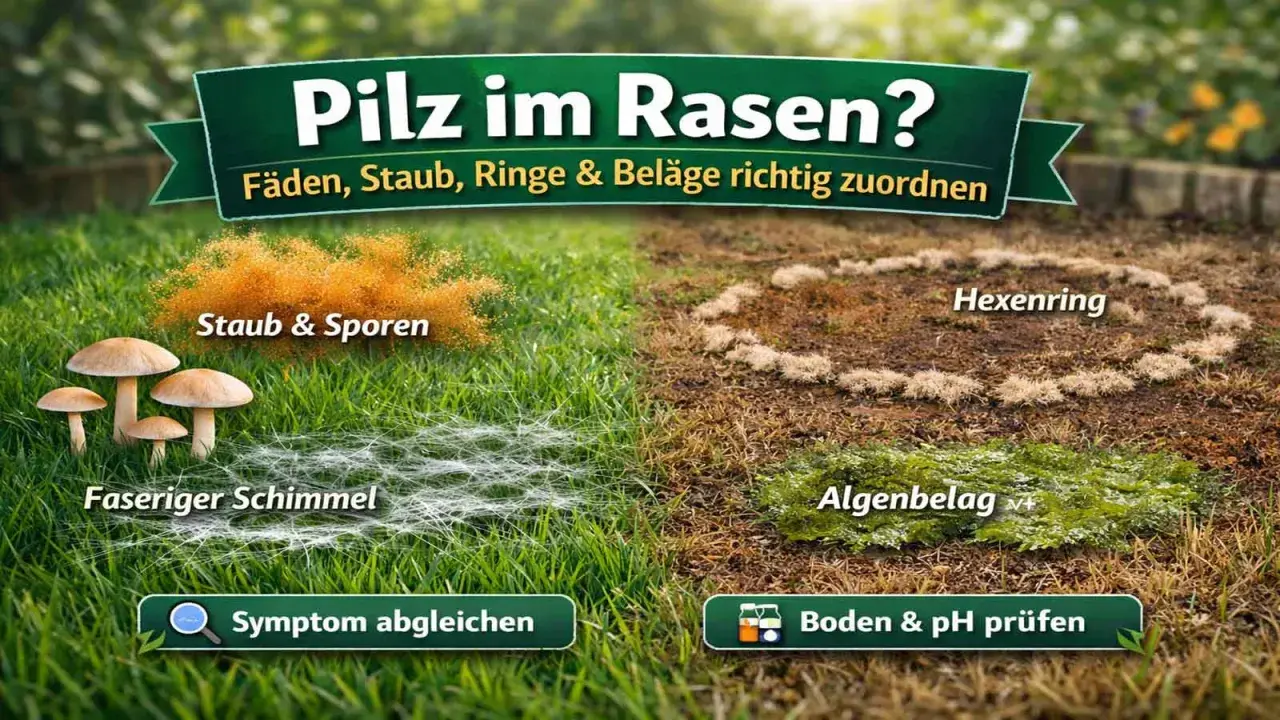 Pilze im Garten: Staub, Sporen, Schimmel, Hexenringe und Algenbelag werden gezeigt. Hilft bei der Zuordnung von Rasenproblemen.