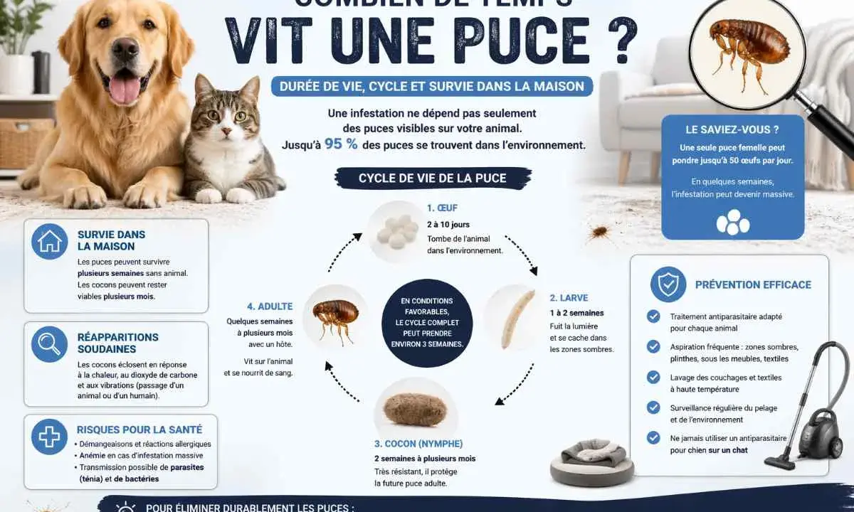 Les puces adultes vivent plusieurs mois sur un hôte. Le cycle complet, de l'œuf à l'adulte, prend environ 3 semaines en conditions favorables.