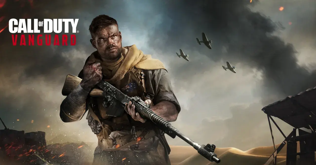 Żołnierz z karabinem w Call of Duty Vanguard, na tle pustynnego krajobrazu i samolotów.