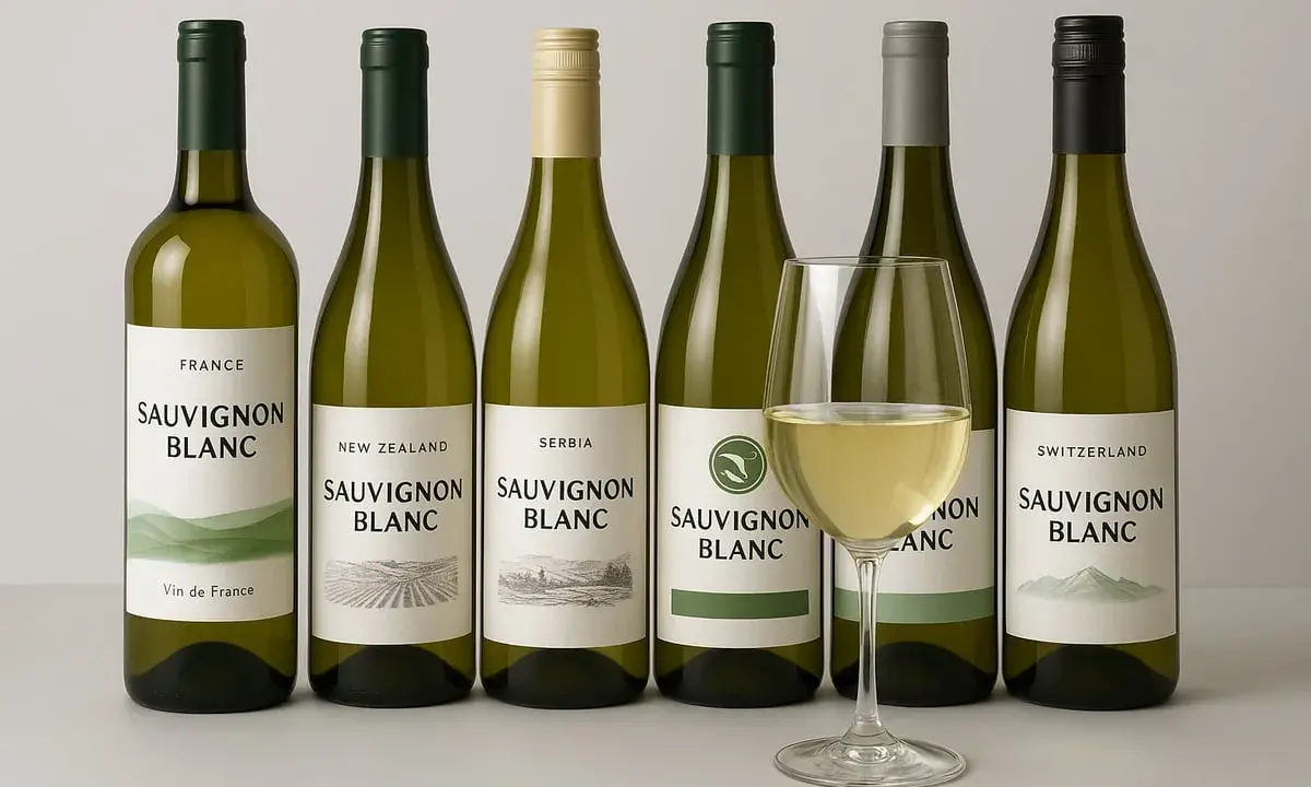 Sechs Flaschen Sauvignon Blanc aus verschiedenen Ländern, daneben ein Glas mit hellem Wein.