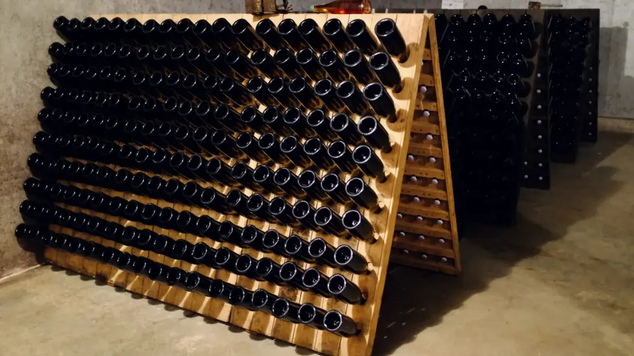 Vinhylla med mörka flaskor, kanske för ett "bereche et fils" vin. Flaskorna står i träställningar i ett källarutrymme.