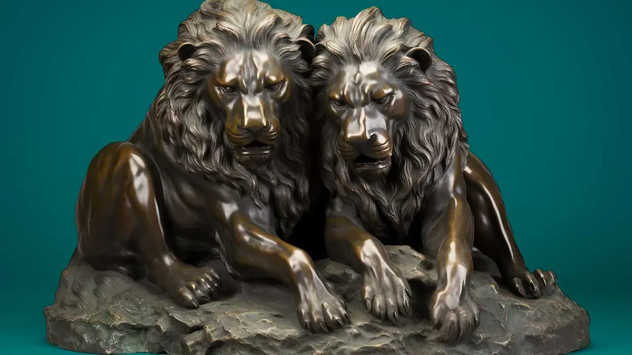 Deux lions en bronze majestueux, posés sur un rocher. Une œuvre qui montre comment faire briller du bronze pour un rendu saisissant.