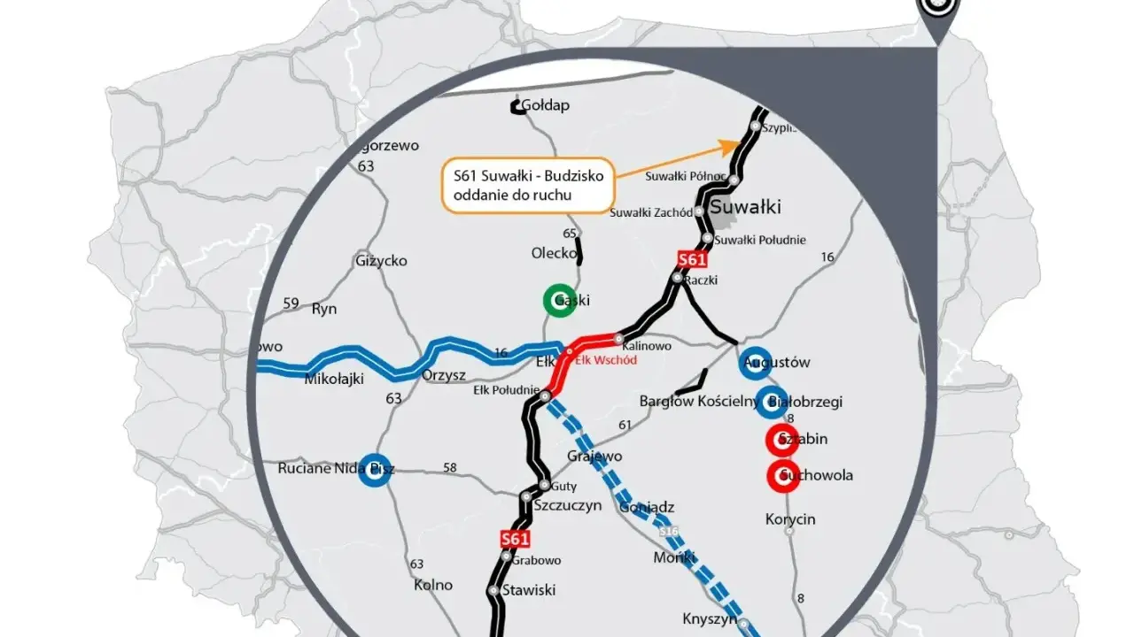 Mapa pokazuje przebieg trasy S61 od Suwałk do Budziska, z zaznaczonymi miastami i odcinkami drogi.