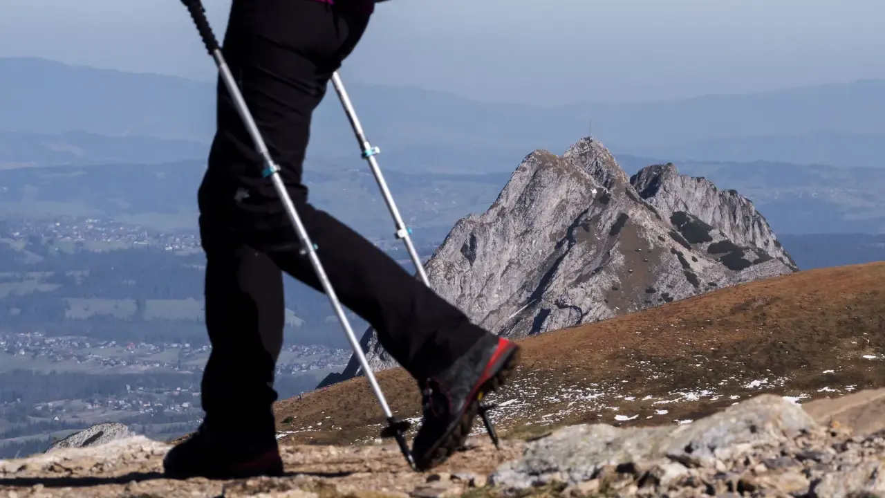 Wybierając jakie końcówki do kijków w góry, pamiętaj o stabilności. Widok na górzysty krajobraz z turystą używającym kijków trekkingowych.