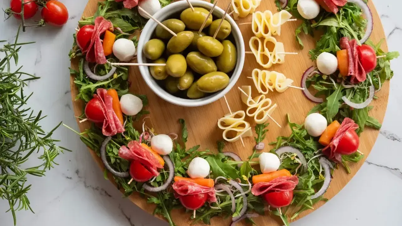 Okrągła deska z 4 wypróbowanymi sałatkami na patyczkach: pomidorki, salami, kulki mozzarelli, marchewka, rukola i oliwki.