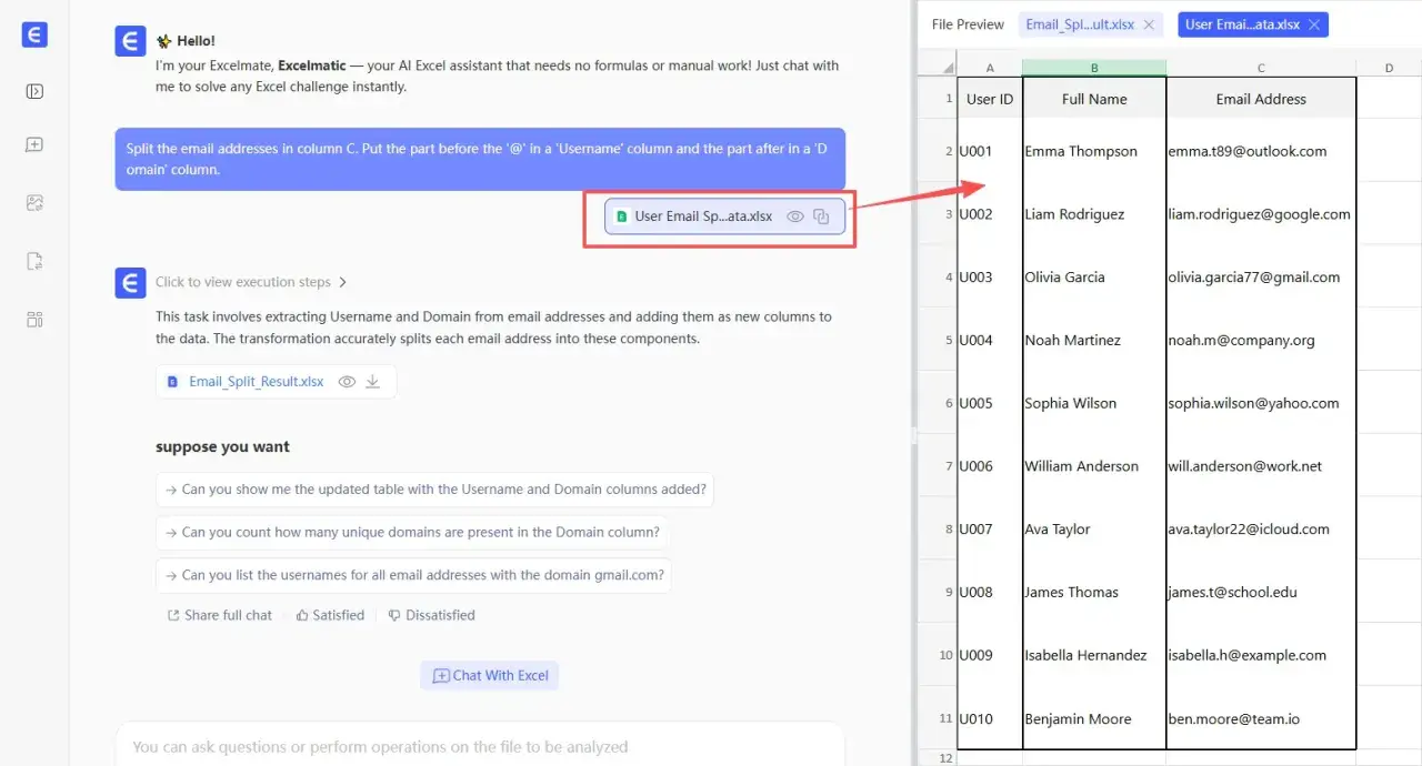 Excel-Assistent teilt E-Mail-Adressen auf, um Benutzernamen und Domains zu extrahieren.