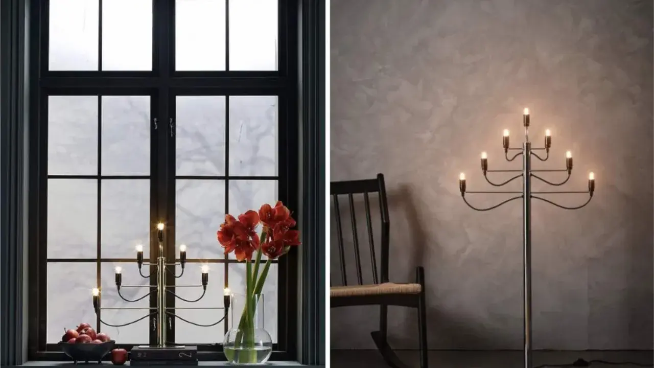 Två adventsljusstake inspirationer: en i fönster med amaryllis och äpplen, en annan som golvlampa bredvid en gungstol.
