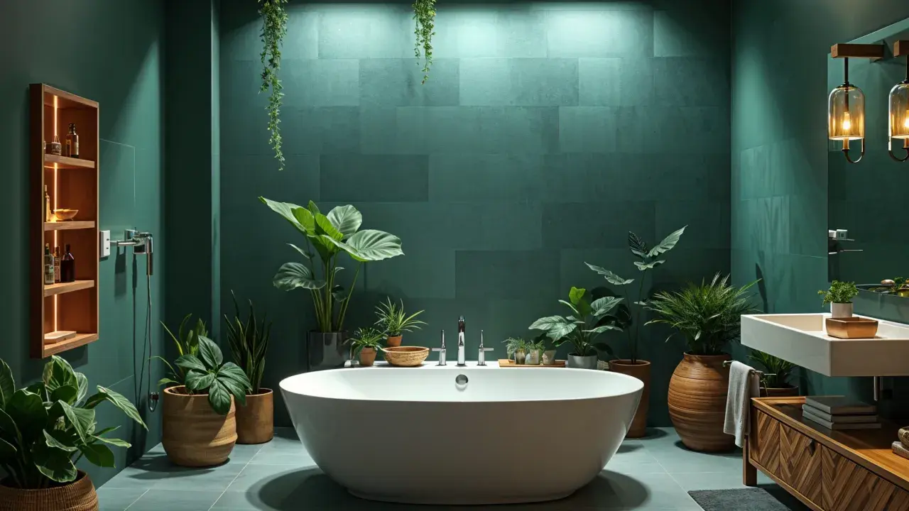 Bagno lussuoso con vasca bianca, tante piante verdi e pareti color smeraldo. Un'oasi di relax con idee bagno verde.