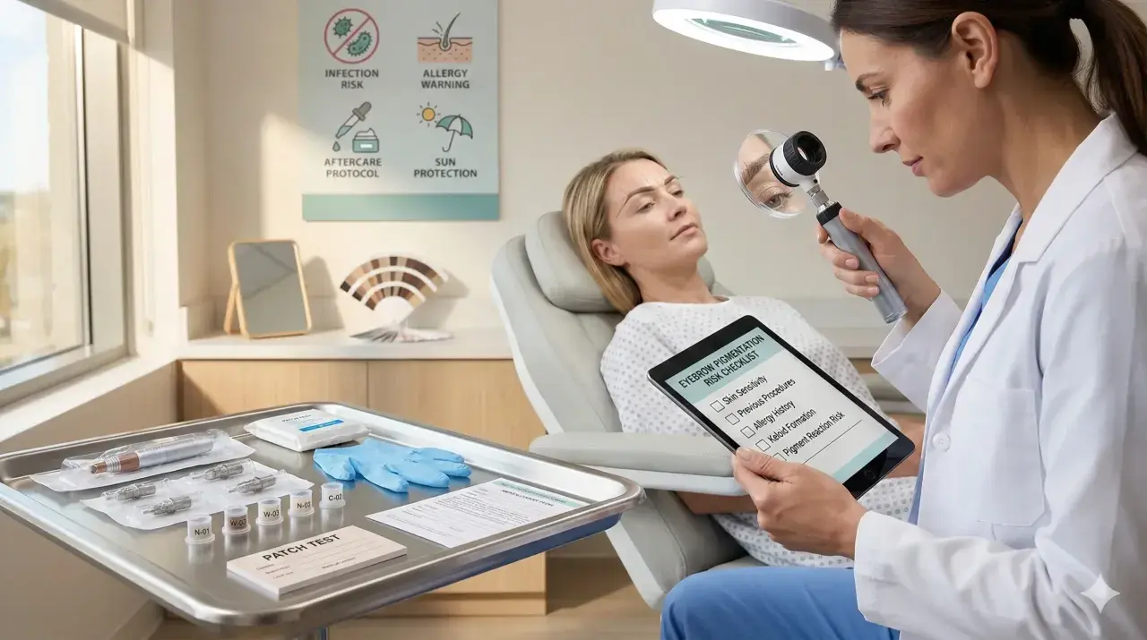 Consultation dermatologique pour microblading. La docteure examine les sourcils d'une patiente, tablette à l'appui, pour évaluer les risques.
