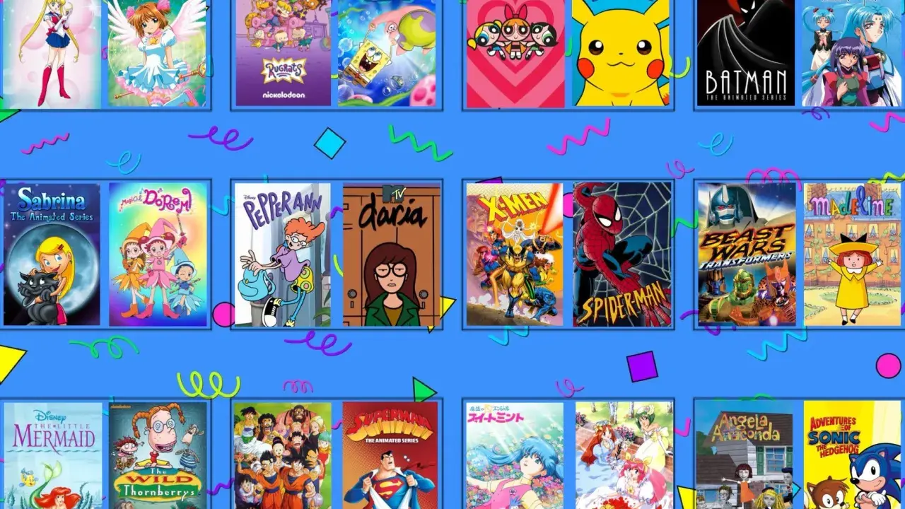 Un collage de dibujos animados de los 90: Sailor Moon, Pokémon, X-Men, Spider-Man, Dragon Ball Z, Sonic y más.