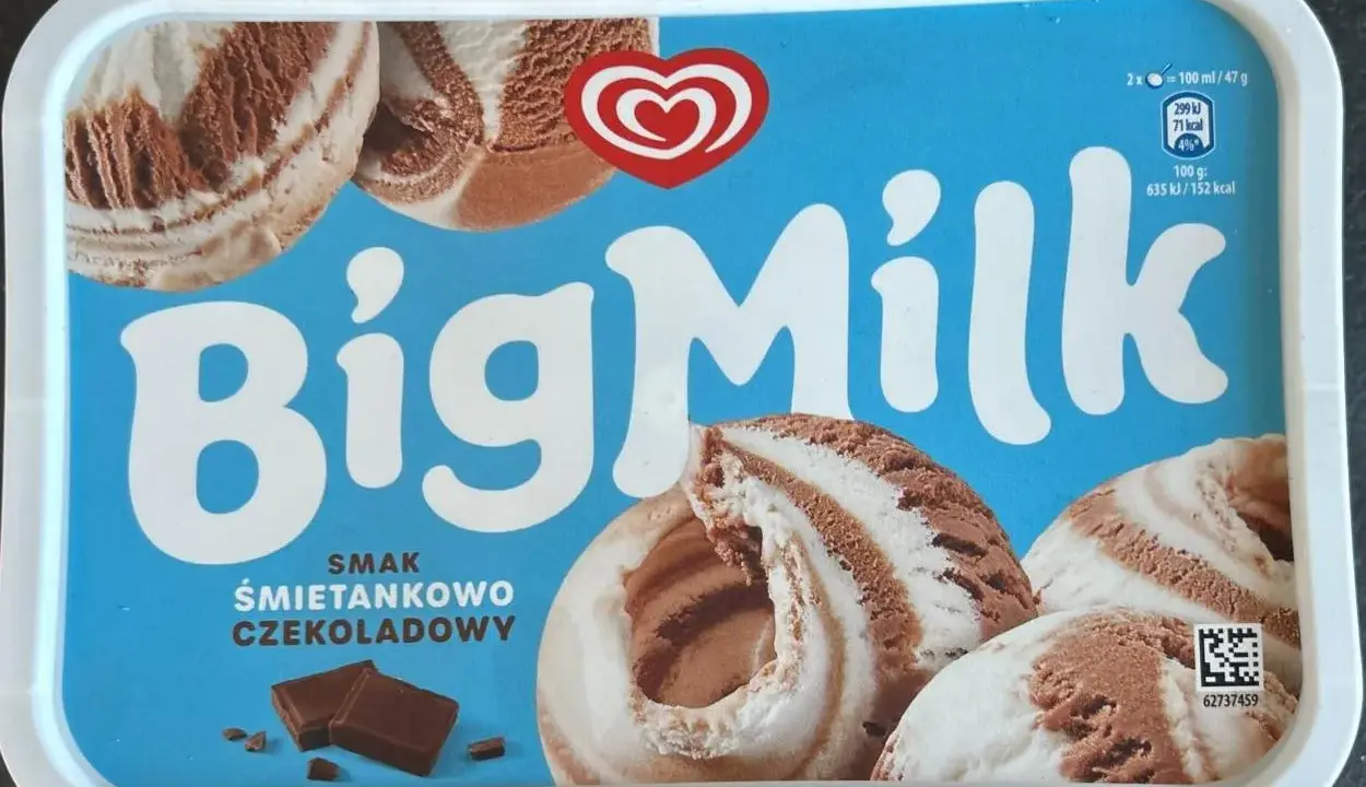 Opakowanie lodów Big Milk o smaku śmietankowo-czekoladowym z widocznymi porcjami lodów i kostkami czekolady.
