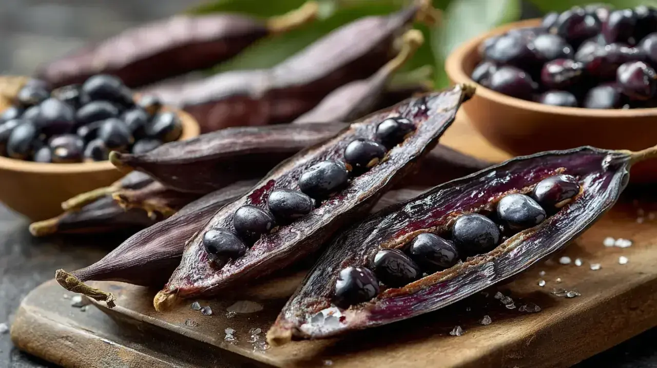 Gousses de mucuna pruriens ouvertes, révélant des graines noires brillantes. Des graines sont aussi dans un bol en bois.