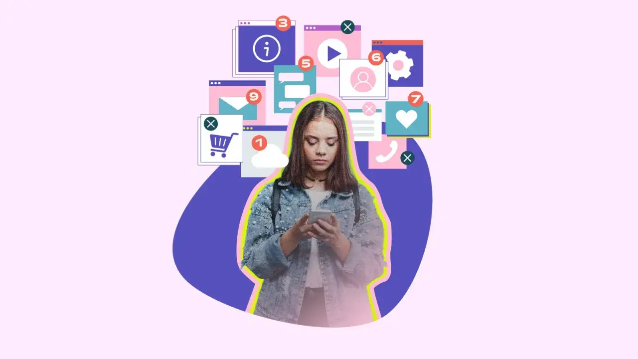 Jeune femme absorbée par son téléphone, entourée d'icônes de notifications. Un visuel symbolisant le besoin d'une pause réseaux sociaux.