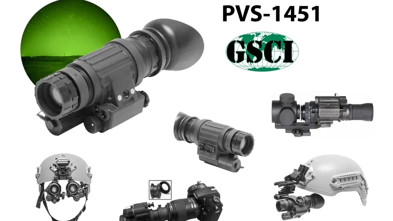 Noktowizor analogowy PVS-1451 od GSCI, pokazany z różnymi akcesoriami, w tym montażem na hełm i adapterem do aparatu.