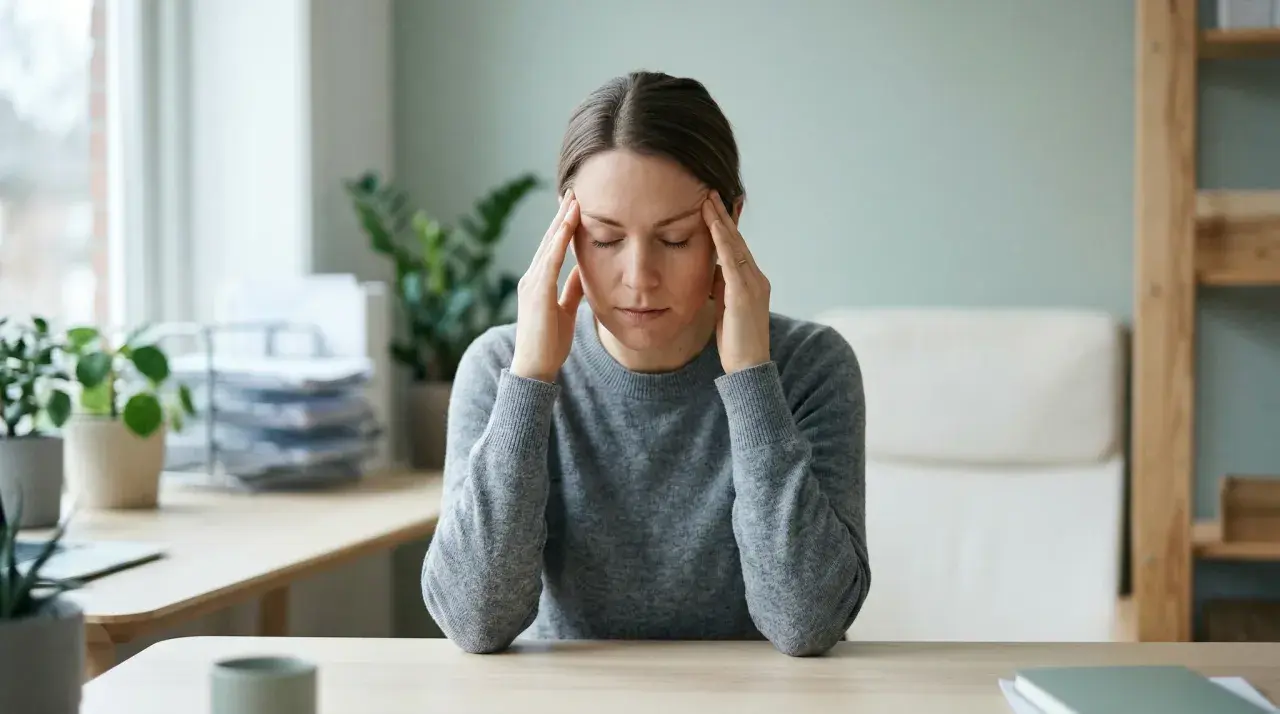 Kvinna med slutna ögon och händerna mot tinningarna, uppenbart drabbad av inre stress.