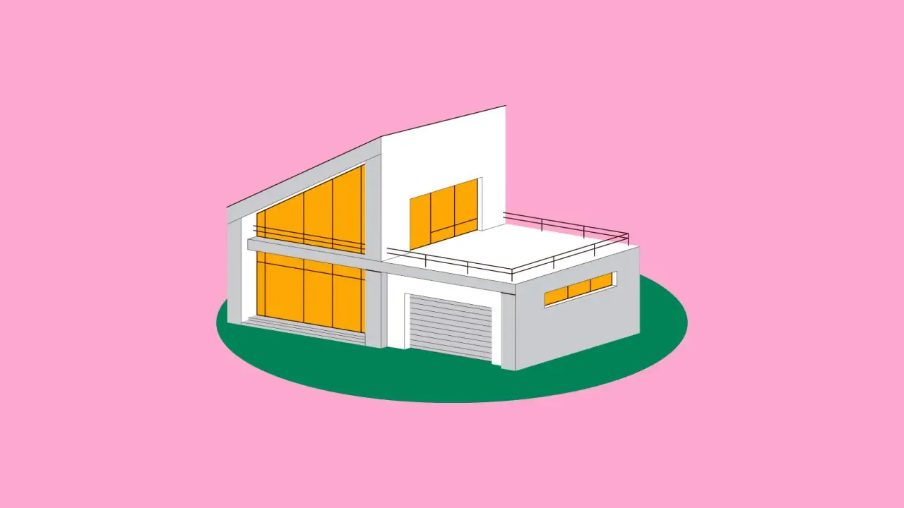 Casa moderna con grandes ventanales naranjas. Representa la diferencia entre urbano y urbanizable.
