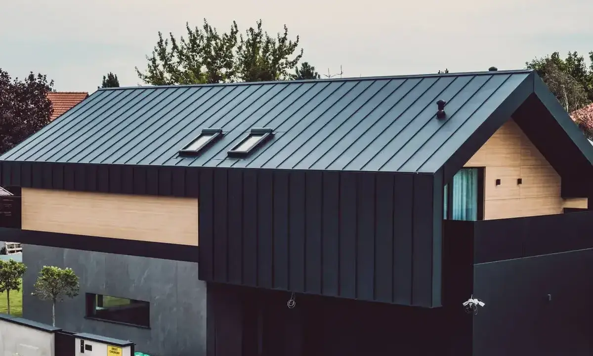 Nowoczesny dom z ciemną elewacją z blachy trapezowej, drewnianymi panelami i dwoma oknami dachowymi.