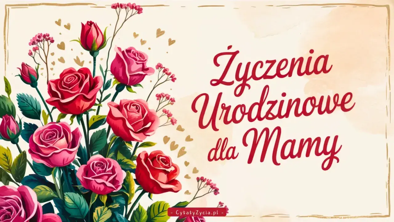 Bukiet czerwonych i różowych róż, złote serduszka i napis "Życzenia Urodzinowe dla Mamy". Piękna dedykacja dla mamy.