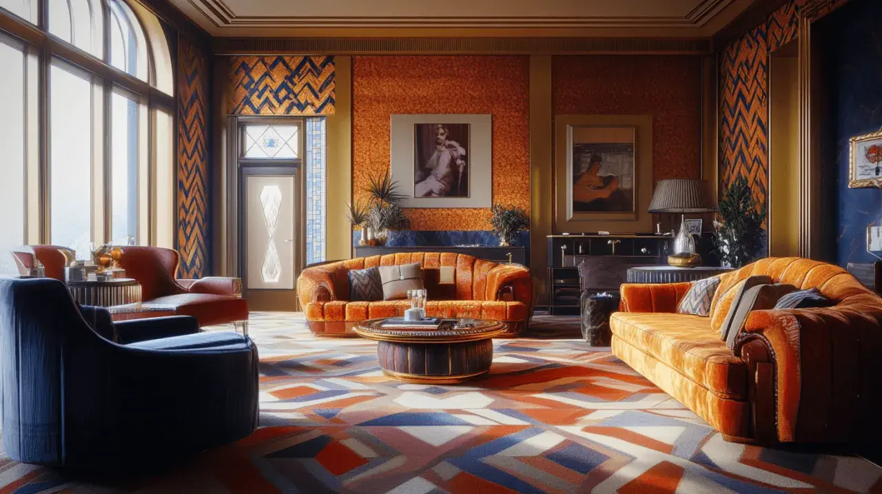 Luxuriöses Wohnzimmer mit orangefarbenen Samtsofas, einem geometrischen Teppich und auffälligem Art-décor.