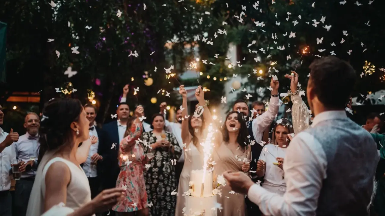 Fröhliche wedding party mit Funken sprühenden Wunderkerzen und flatternden Schmetterlingen aus Papier.