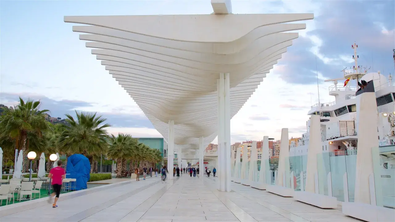 Passeggiata moderna al malaga porto, con palme, una nave bianca e un cielo nuvoloso.