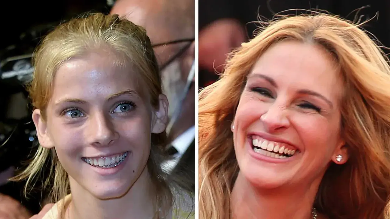 Julia Roberts barn, en ung flicka med blå ögon och blont hår, bredvid en skrattande Julia Roberts.