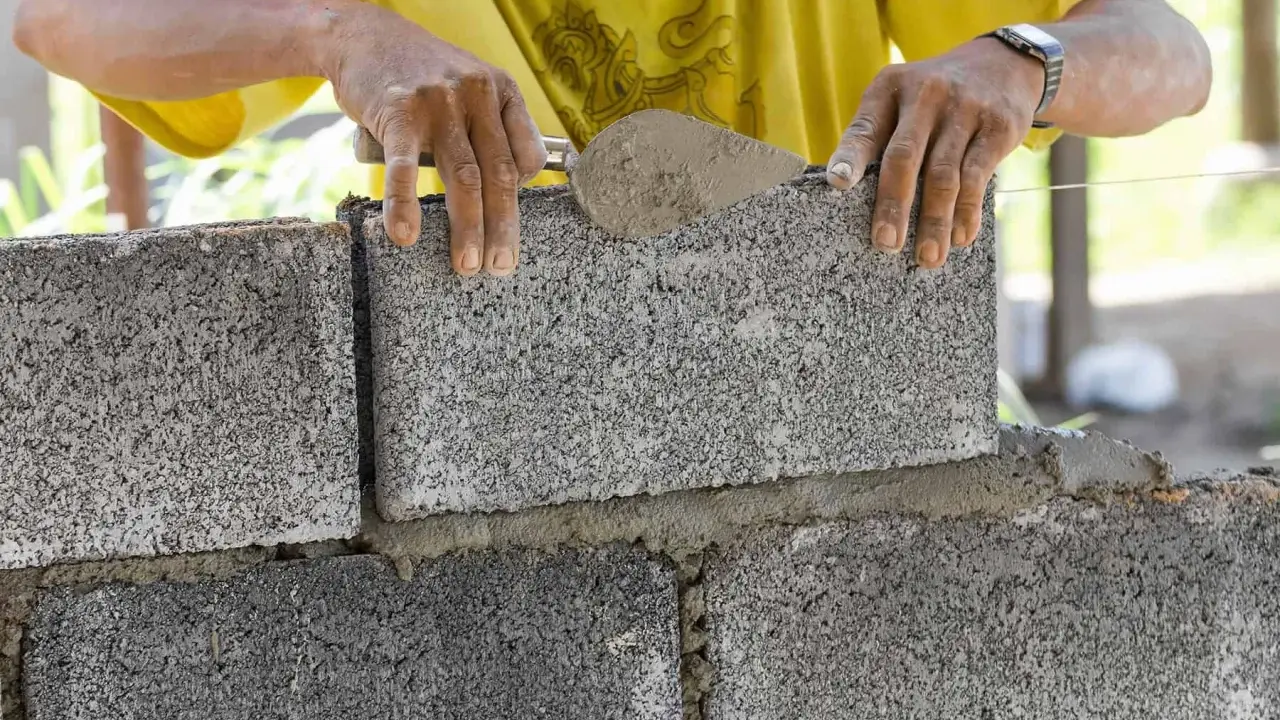 Budowa fundamentu z bloczków betonowych. Ręce murarza układają kolejny bloczek, używając kielni z zaprawą.