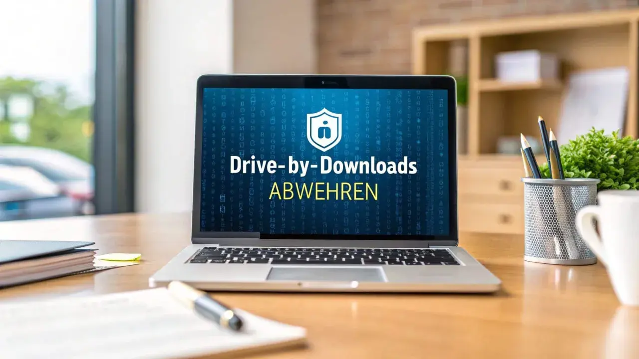 Ein Laptop zeigt "Drive-by-Downloads ABWEHREN". Das ist eine Methode, um schädliche Software unbemerkt zu installieren.
