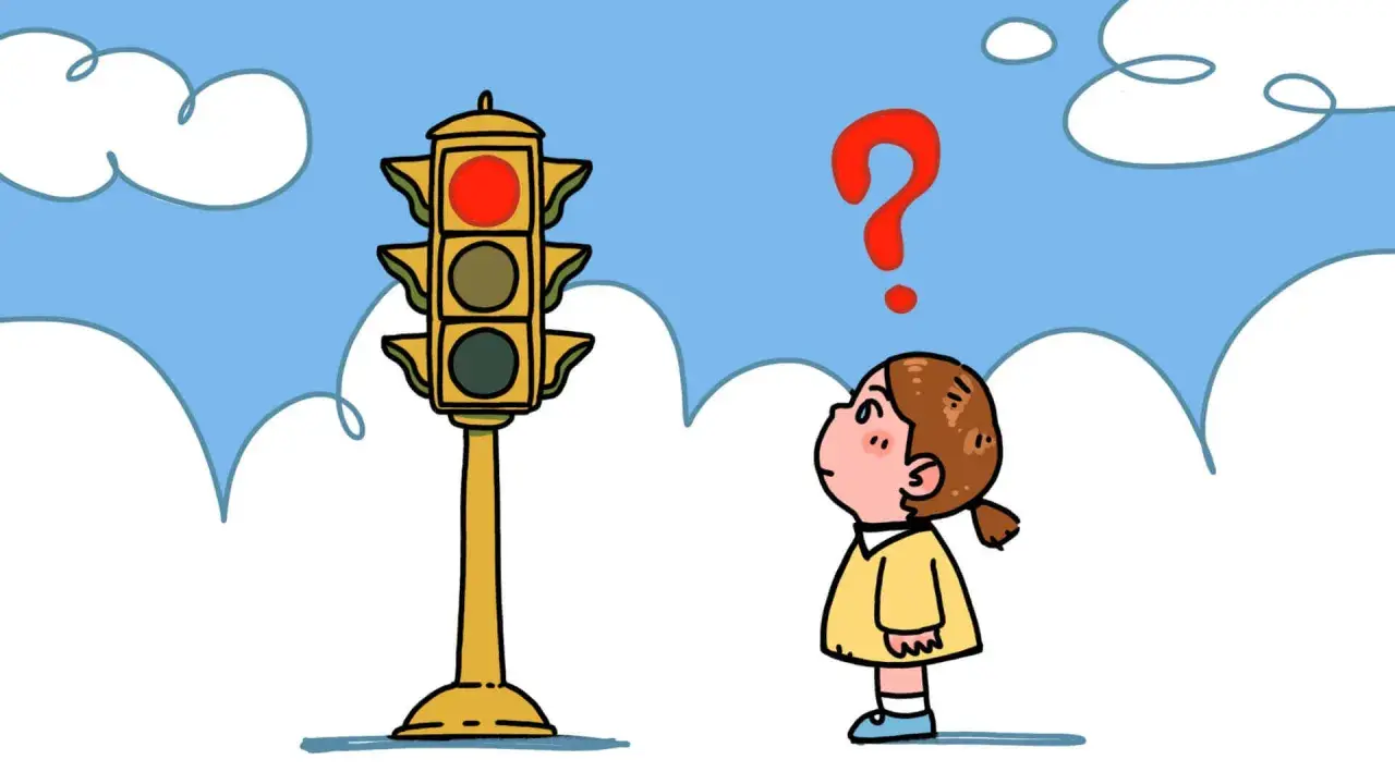 Niña mira semáforo en rojo, con signo de interrogación. Enseña respeto niños y seguridad vial.