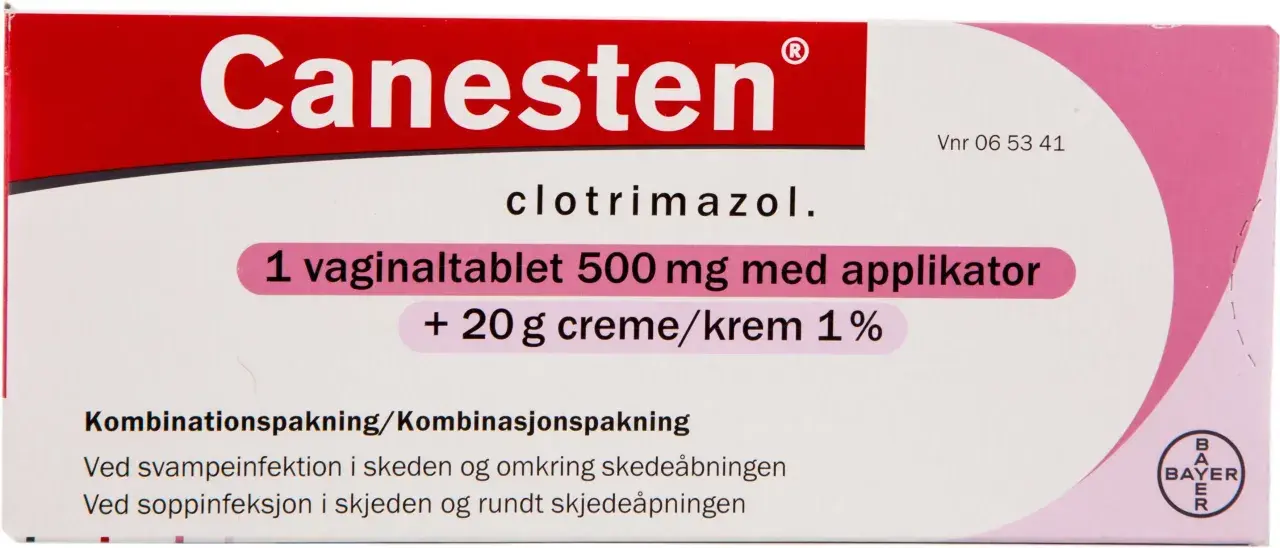 Canesten kombinationspakning med vaginaltablett och kräm mot svampinfektion. Läs bipacksedeln noga för information om canesten biverkningar.