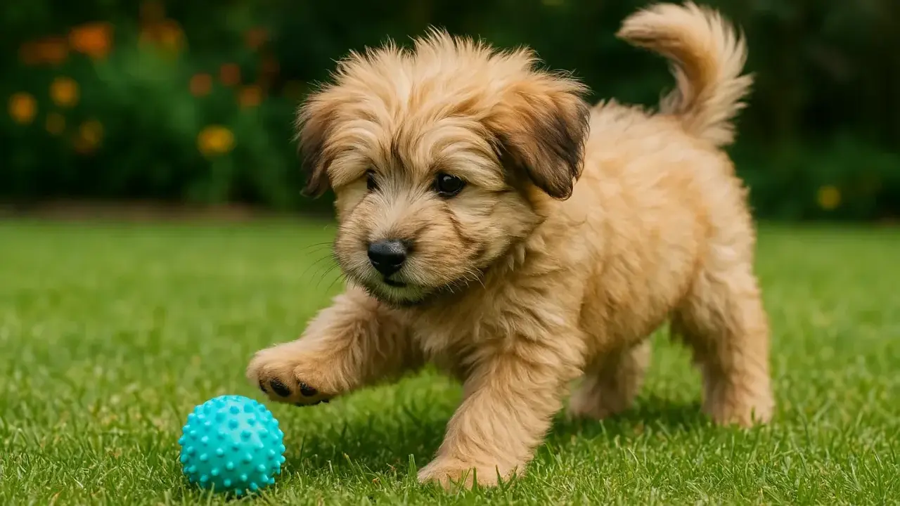 Un adorable chiot berger catalan joue avec une balle bleue sur l'herbe verte.