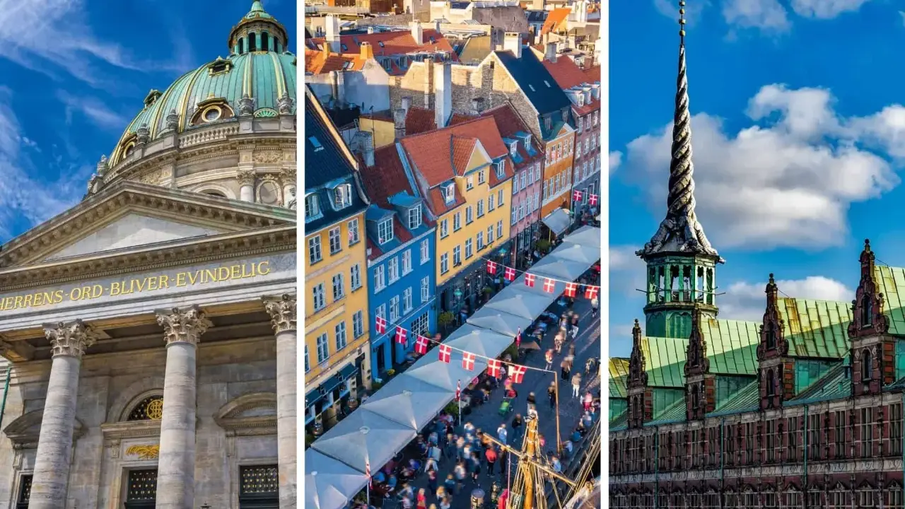 Kopenhaga zabytki: Marmurowa katedra, kolorowe kamienice Nyhavn i zabytkowa wieża giełdy.