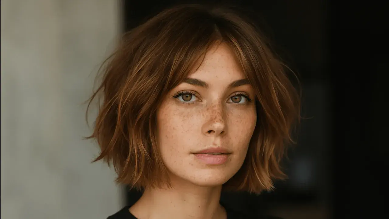 Mujer con pecas y un corte de pelo estilo italian bob, con ondas naturales y flequillo desordenado.