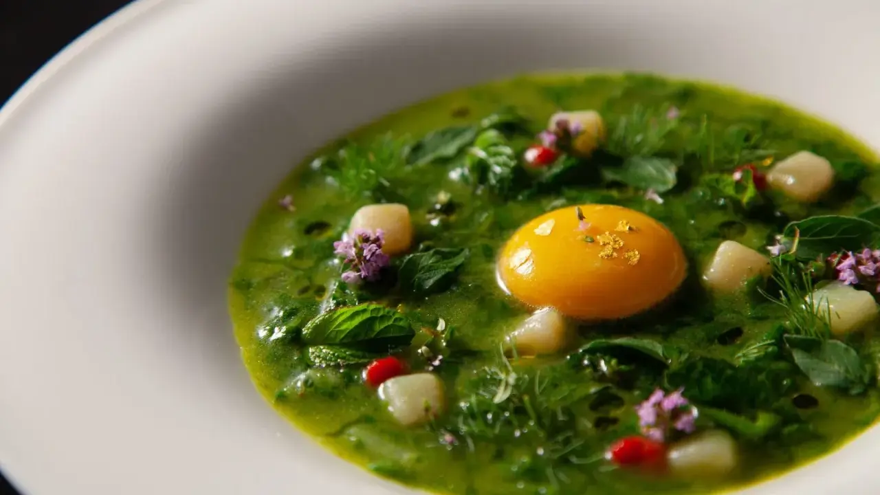 Un uovo dorato in una crema verde brillante, con cubetti bianchi e fiori viola. Un'idea di cosa mangiare a Viterbo, un piatto raffinato.