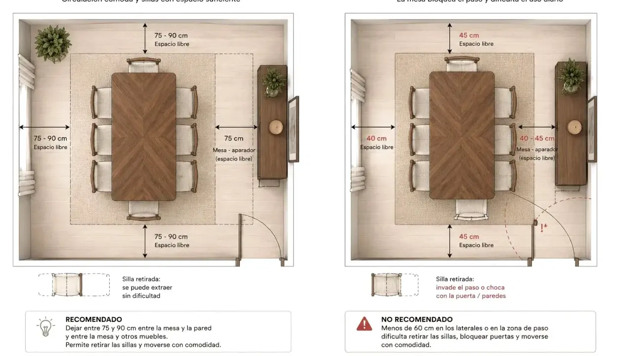 Comparativa de medidas comedor: espacio ideal (75-90 cm libres) vs. insuficiente (40-45 cm libres), afectando circulación y uso.
