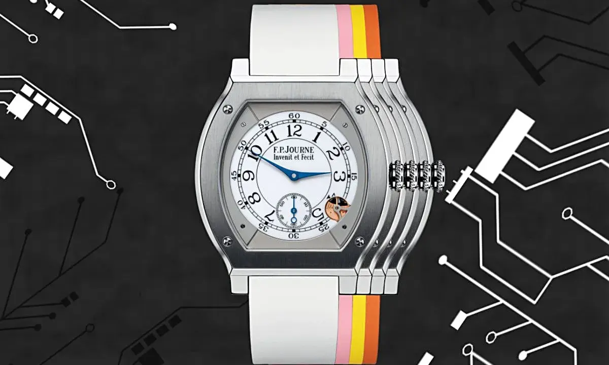 Orologio F.P.Journe con cinturino colorato e quadrante bianco. Il suo significato, come un quarzo, è precisione e innovazione nel tempo.