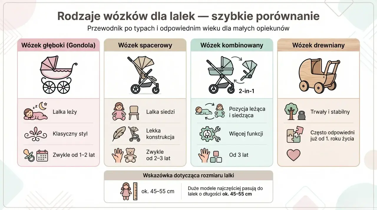 Porównanie wózków dla lalek: klasyczna gondola, spacerówka, kombi i drewniany. Wymiary gondoli i innych modeli pasują do lalek 45-55 cm.