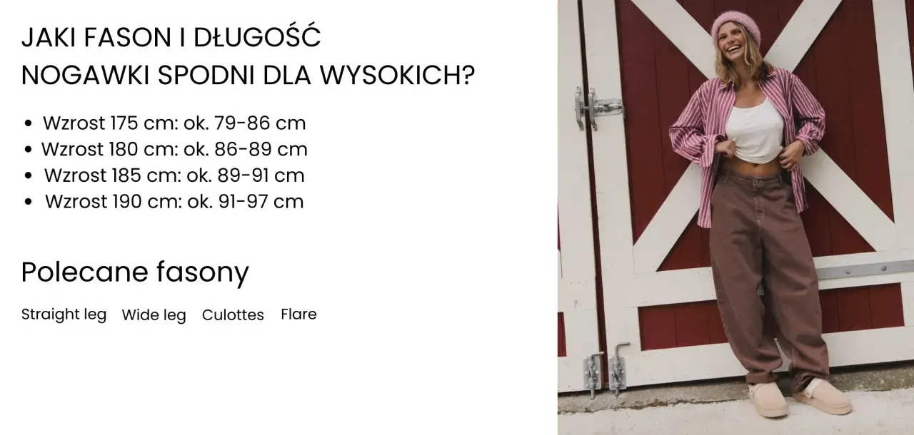 Modelka w brązowych, luźnych spodniach, które wyglądają na za długie. Wskazówki dotyczące długości nogawek dla wysokich osób.