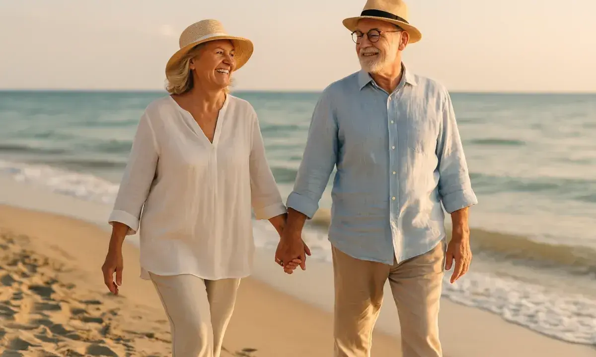 Szczęśliwa para seniorów spaceruje po plaży, trzymając się za ręce. Ich uśmiechy i stroje sugerują, że znaleźli sposób, jak być samowystarczalnym i cieszyć się życiem.