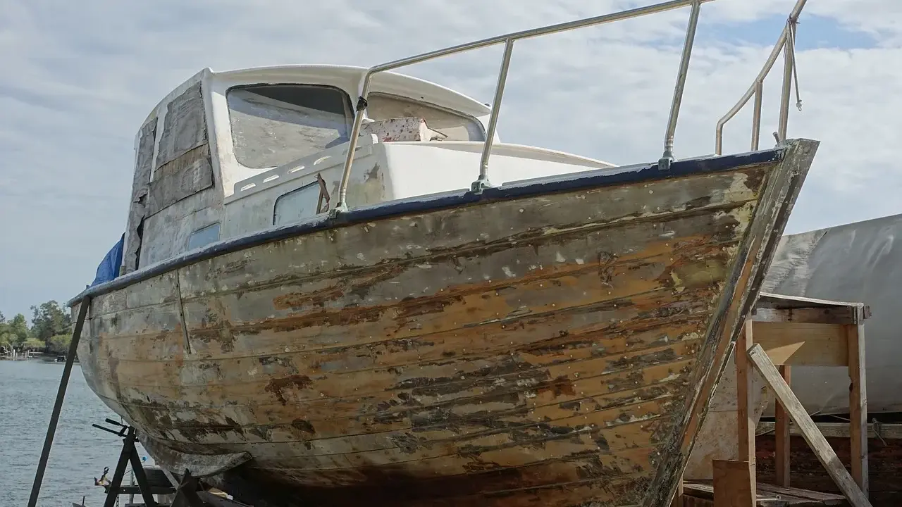 Bateau en bois sur cale, prêt à être restauré. Il faudra le nettoyer avant de naviguer sans antifouling.