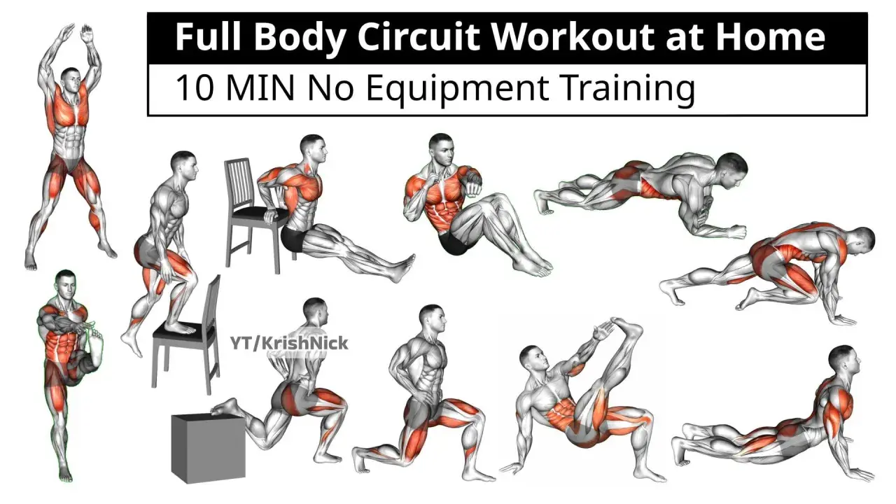 Männliche Figur zeigt Übungen für ein 10 min hiit workout zu Hause. Verschiedene Körperhaltungen, darunter Hampelmänner, Ausfallschritte und Planks.