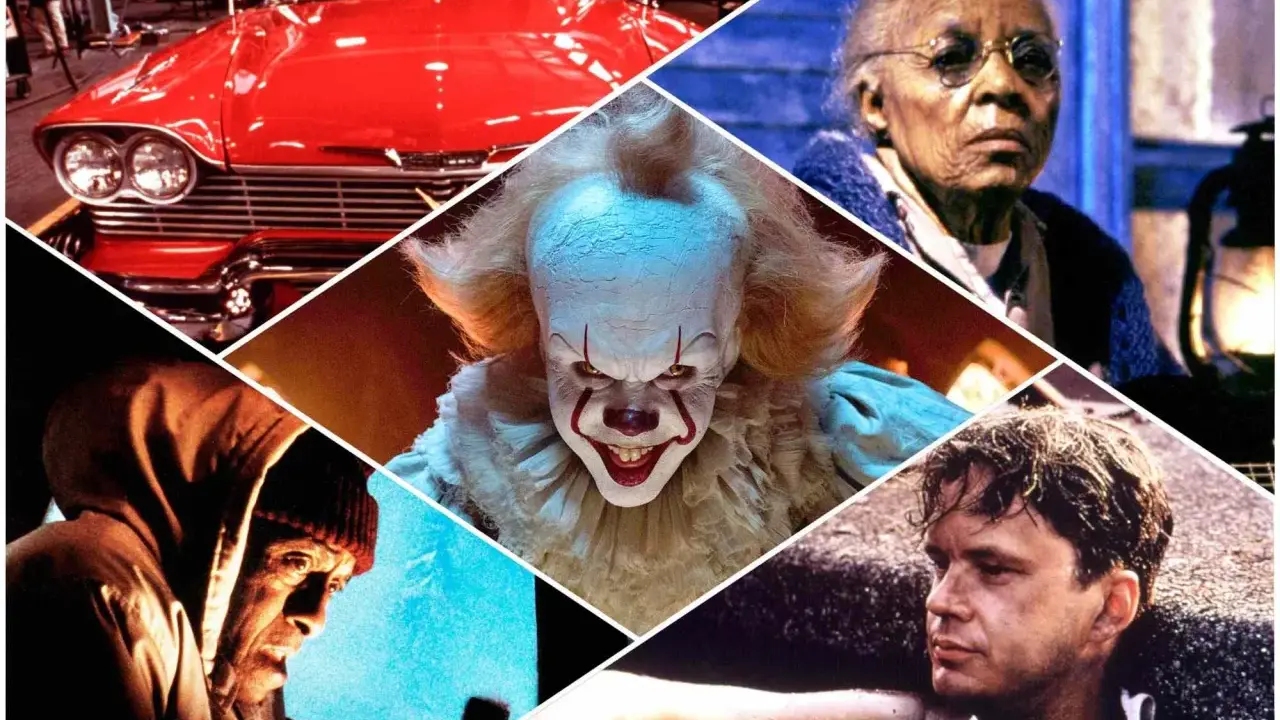 Kolaż scen z filmów na podstawie prozy Stephena Kinga: przerażający klaun Pennywise, czerwony samochód, starsza kobieta, mężczyzna w kapturze i młody chłopak.